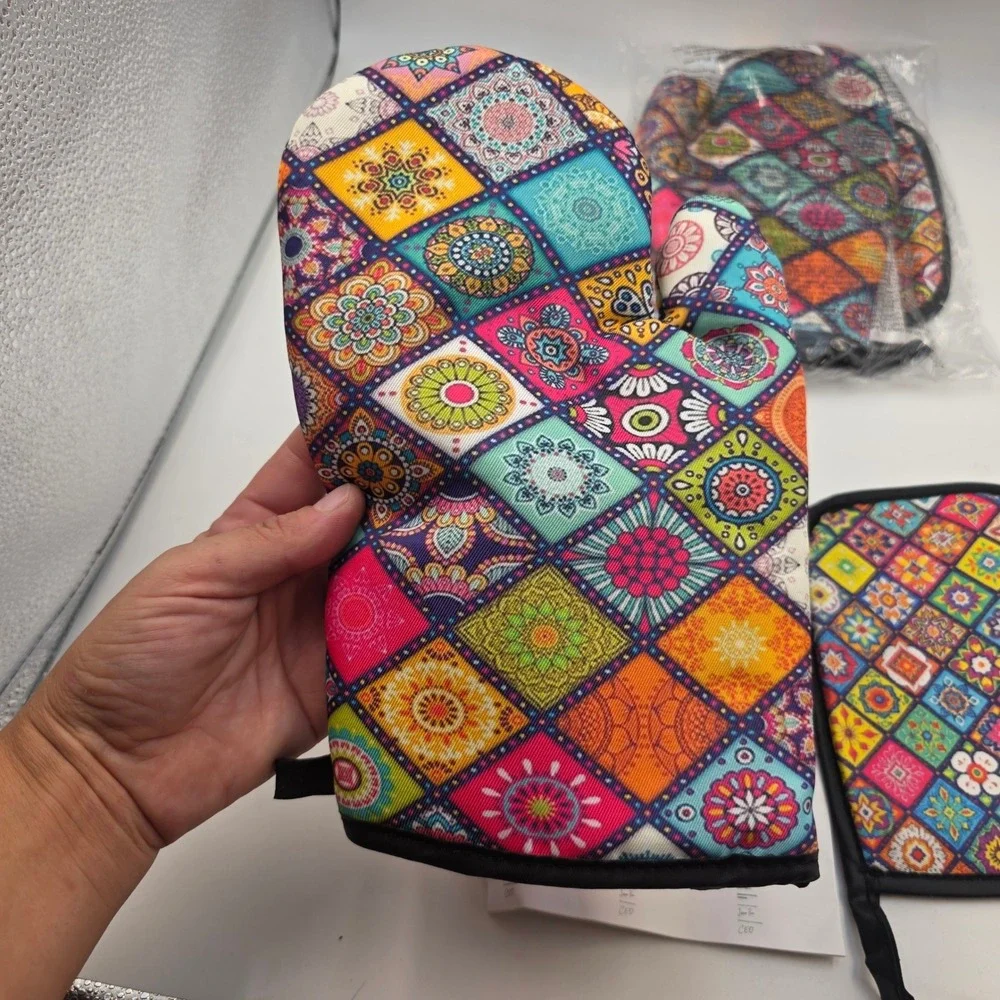 Mandala Patchwork Oven Mitt and Pot Holder Set 3 Piece Colorful Boho Kitchen L4